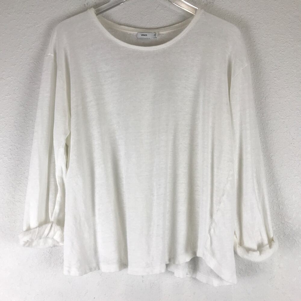 Vince Linen Blend Rolled Cuffed Sleeve Pullover Top Beach Summer Lagenlook L
